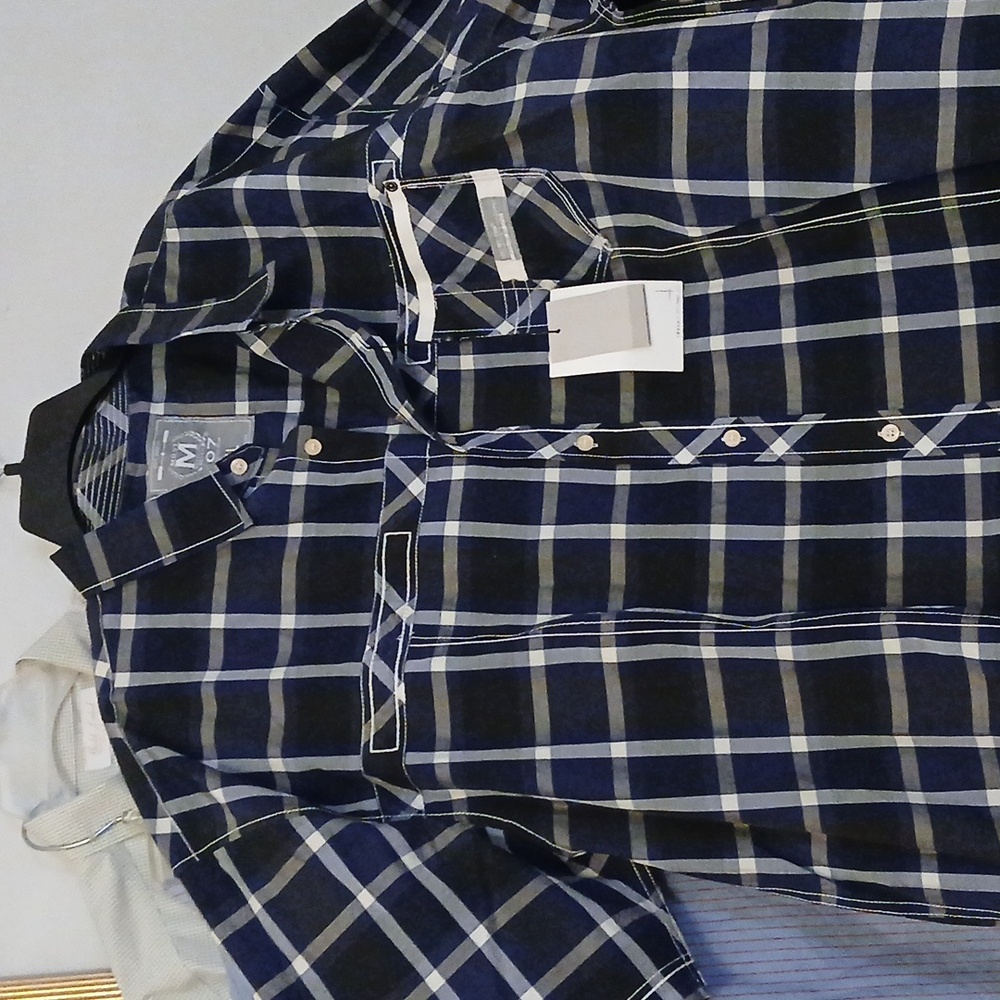 MO7 Men's Shirt 5XL NWT Short Sleeve Button Up Navy Plaid Chest Pocket Cotton 65